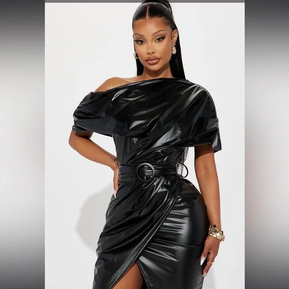Fashion Nova Dresses Black Layla Faux Leather Midi Dress